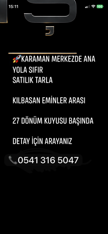 KARAMAN MERKEZ ANA YOLA SIFIR KUYUSU BAŞINDA SATILIK FIRSAT TARLA